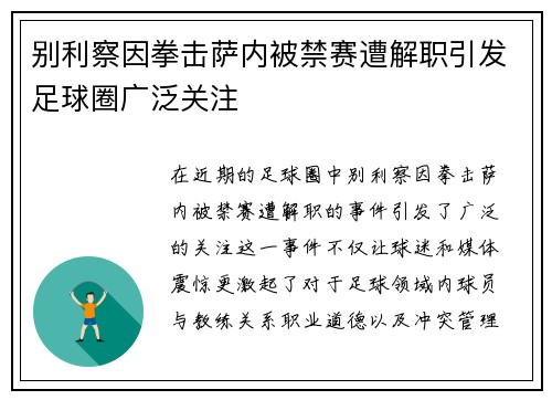 别利察因拳击萨内被禁赛遭解职引发足球圈广泛关注 别利察因拳击萨内被禁赛遭解职引发足球圈广泛关注