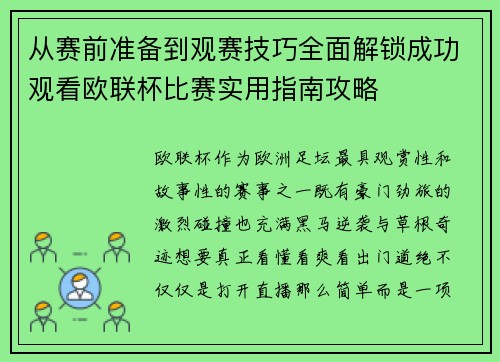 从赛前准备到观赛技巧全面解锁成功观看欧联杯比赛实用指南攻略 从赛前准备到观赛技巧全面解锁成功观看欧联杯比赛实用指南攻略